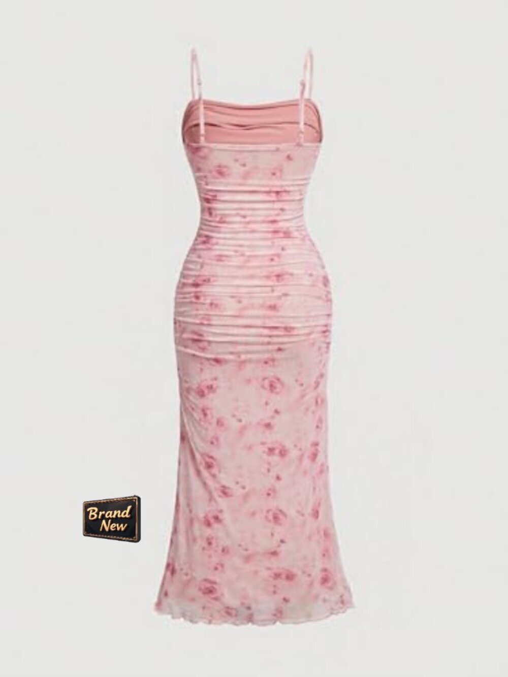 Women's Floral Bodycon Midi Dress Spaghetti Strap Ruched Mesh Summer - Picture 3 of 6